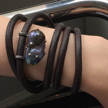 Load image into Gallery viewer, Black Baroque Pearl, English Rawhide and Blackened Sterling Silver Necklace