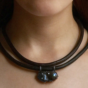 Black Baroque Pearl, English Rawhide and Blackened Sterling Silver Necklace
