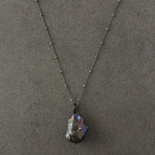 Load image into Gallery viewer, Long Blackened Sterling Silver Necklace with Black Baroque Pearl Pendant