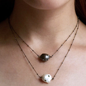 Blackened Sterling Silver Necklace with White Baroque Pearl