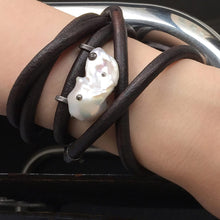 Load image into Gallery viewer, White Baroque Pearl, English Rawhide &amp; Blackened Sterling Silver Bracelet