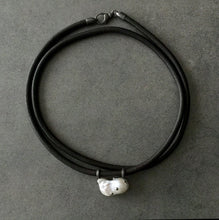 Load image into Gallery viewer, White Baroque Pearl, English Rawhide and Blackened Sterling Silver Necklace