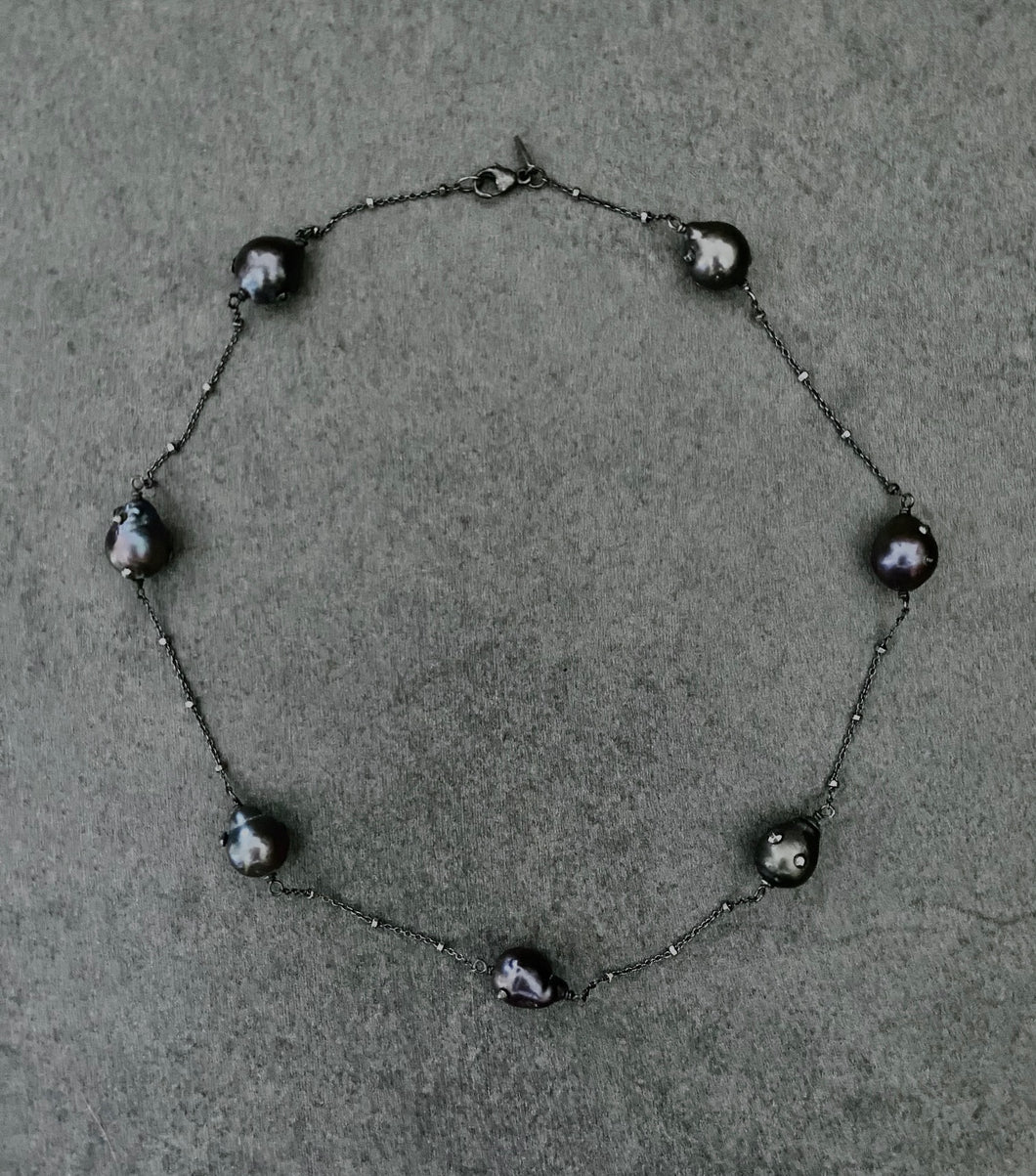 The Petite Collection Blackened Sterling Silver Necklace with Seven Black Baroque Pearls