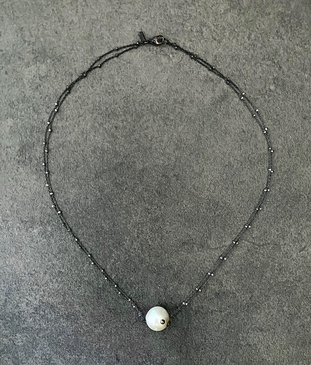 Double Blackened Sterling Silver Necklace with White Baroque Pearl