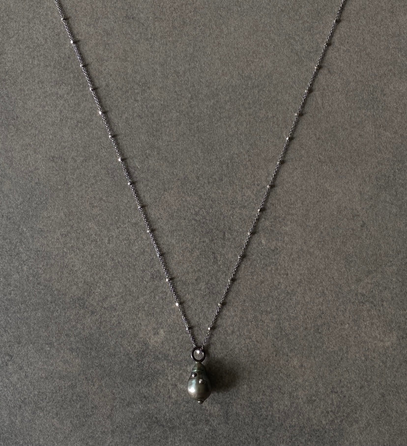 The Petite Collection Long Blackened Sterling Silver Necklace with Tahitian Baroque Pearl Pendant