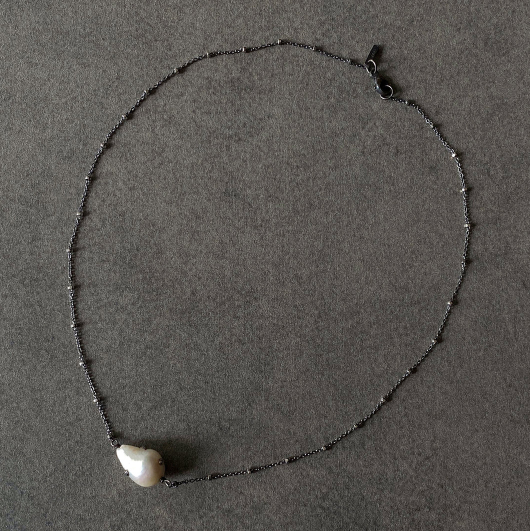 The Petite Collection Blackened Sterling Silver Necklace with Fixed White Baroque Pearl