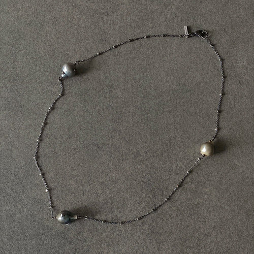 The Petite Collection Blackened Sterling Silver Necklace with Three Fixed Tahitian Baroque Pearls