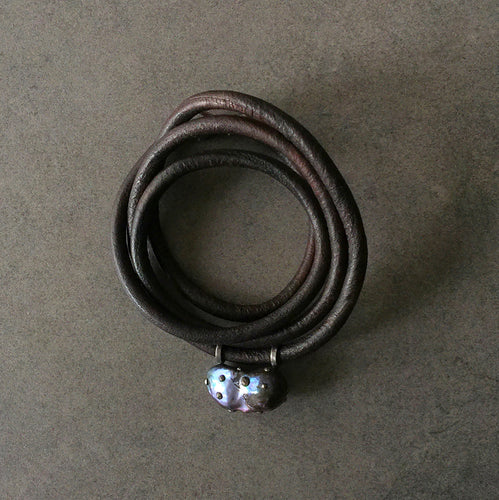 Black Baroque Pearl, English Rawhide & Blackened Sterling Silver Bracelet