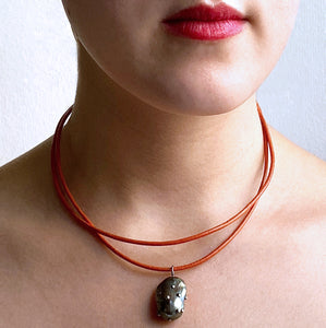 Orange Leather Cord and Black Pearl Necklace