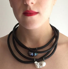 Load image into Gallery viewer, Black Baroque Pearl, English Rawhide and Blackened Sterling Silver Necklace