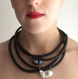Black Baroque Pearl, English Rawhide and Blackened Sterling Silver Necklace