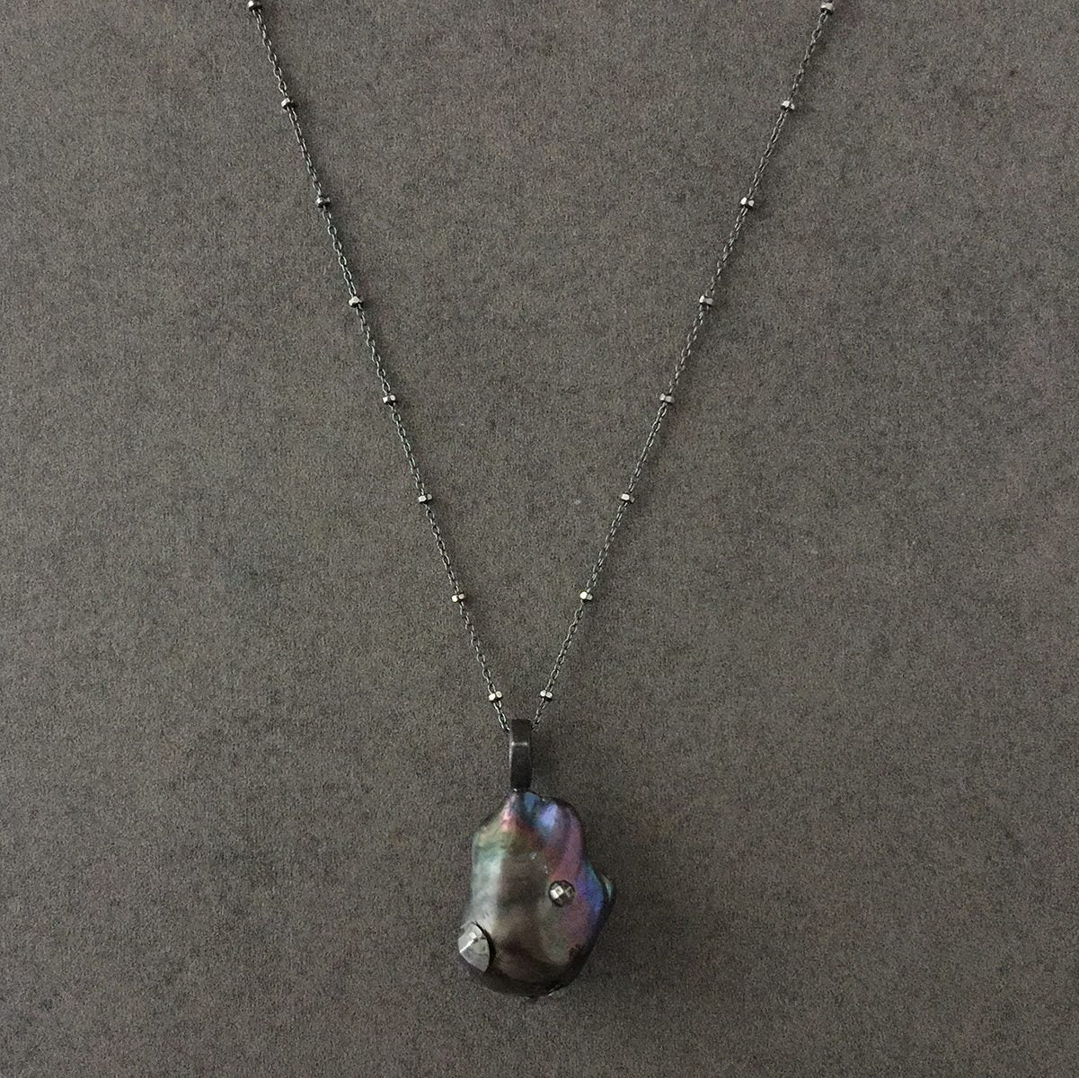Long Blackened Sterling Silver Necklace with Black Baroque Pearl Pendant