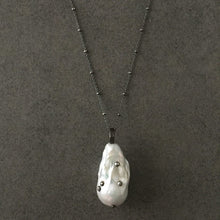 Load image into Gallery viewer, Long Blackened Sterling Silver Necklace with White Baroque Pearl Pendant
