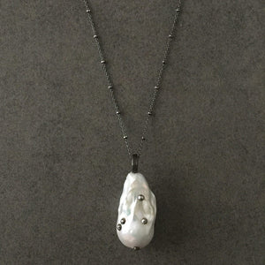 Long Blackened Sterling Silver Necklace with White Baroque Pearl Pendant