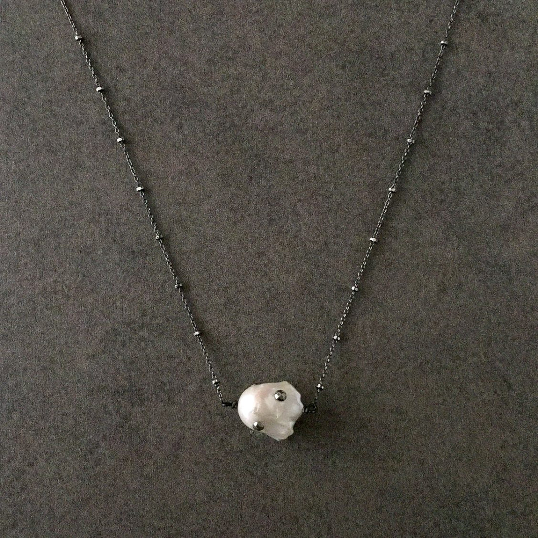 Blackened Sterling Silver Necklace with White Baroque Pearl