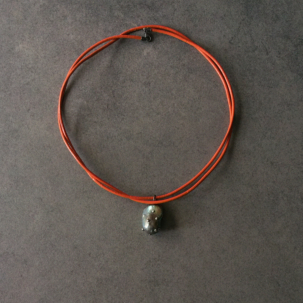 Orange Leather Cord and Black Pearl Necklace