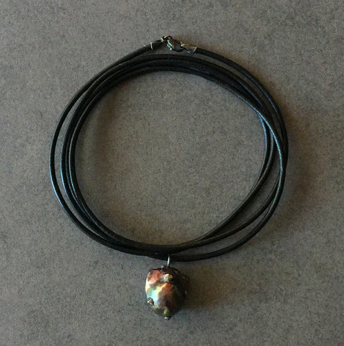 Black Leather Cord and Black Pearl Bracelet