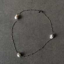 Load image into Gallery viewer, The Petite Collection Blackened Sterling Silver Necklace with Three Fixed White Baroque Pearls