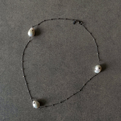 The Petite Collection Blackened Sterling Silver Necklace with Three Fixed White Baroque Pearls