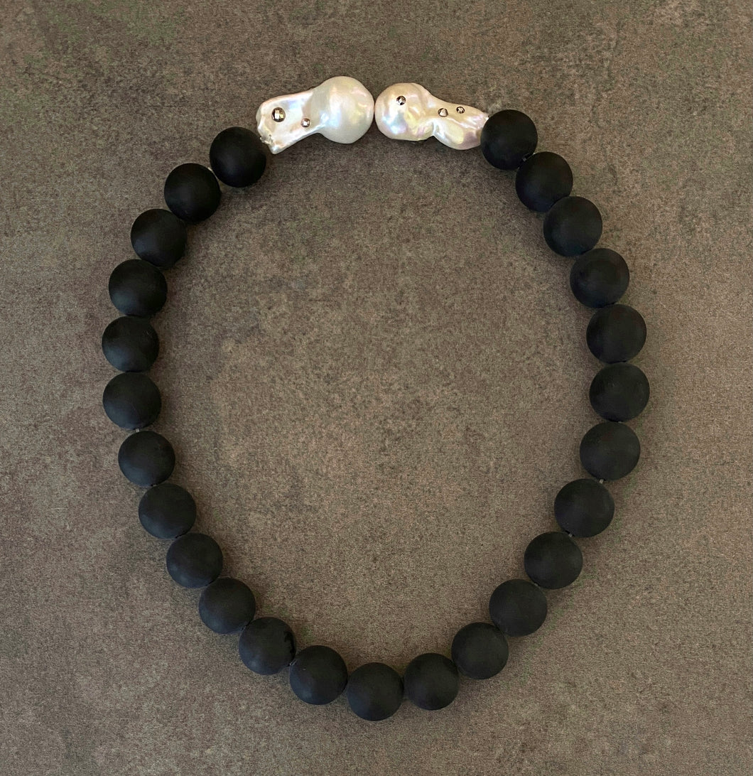 Matt Onyx and Baroque Pearl Clasp Necklace