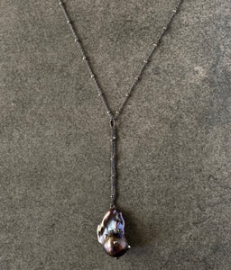 Long Blackened Sterling Silver Necklace with Black Baroque Pearl Drop Chain Pendant