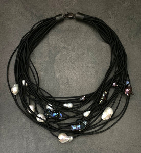 Multi-Pearl Festooned Rubber Necklace Bib