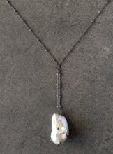 Load image into Gallery viewer, Long Blackened Sterling Silver Necklace with White Baroque Pearl Drop Chain Pendant